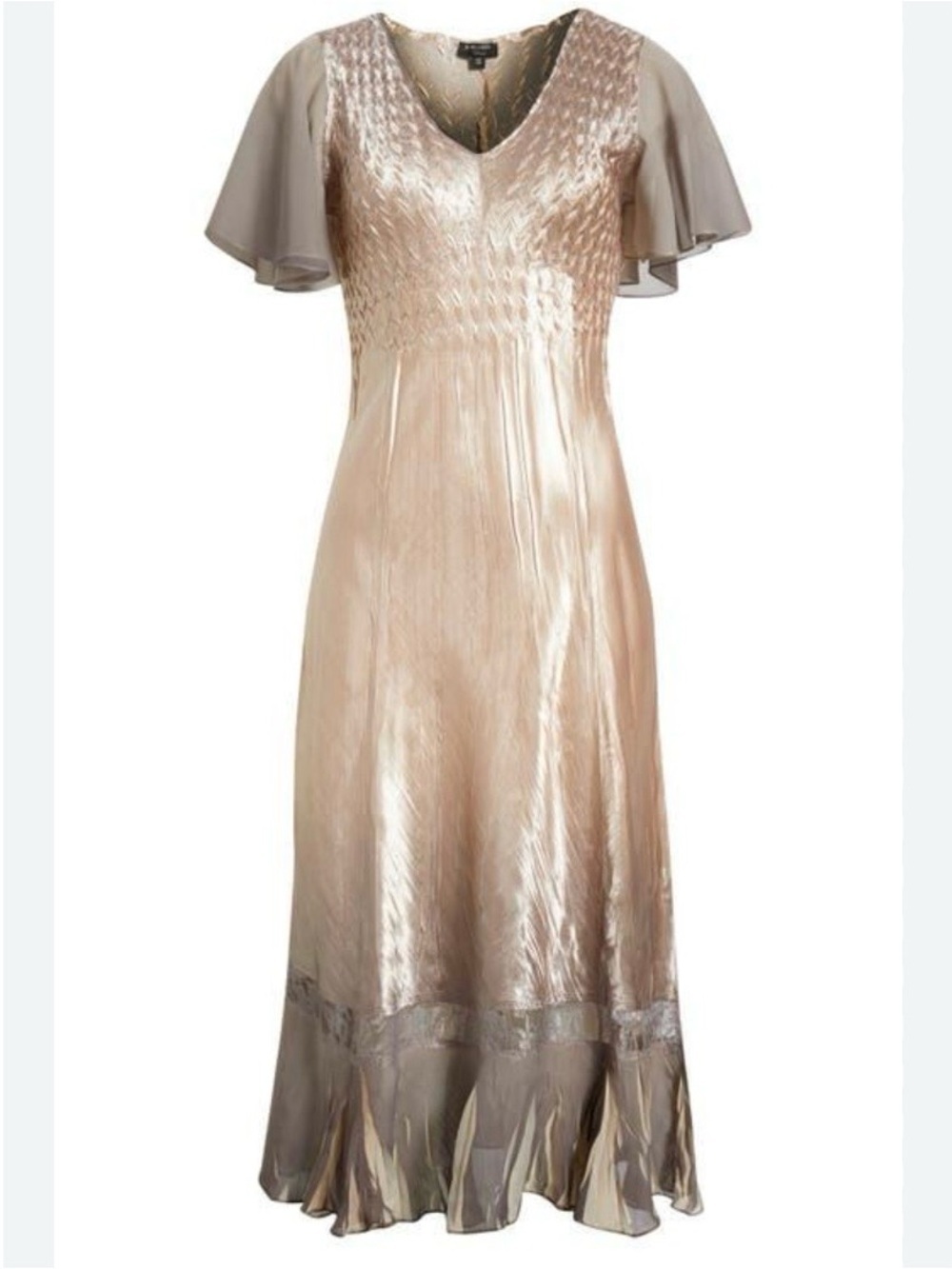 Komarov Metallic Champagne Maxi Dress with Flutter Sleeves